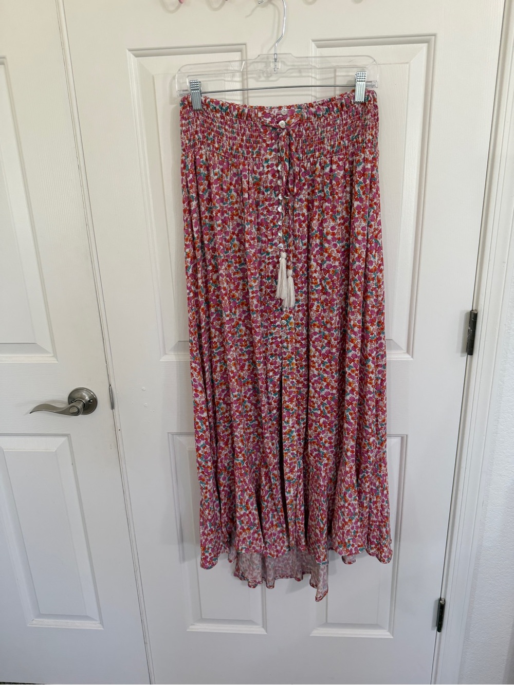 Rachel Zoe Floral Maxi Skirt L Smocked Waist Tassel Boho Cottagecore